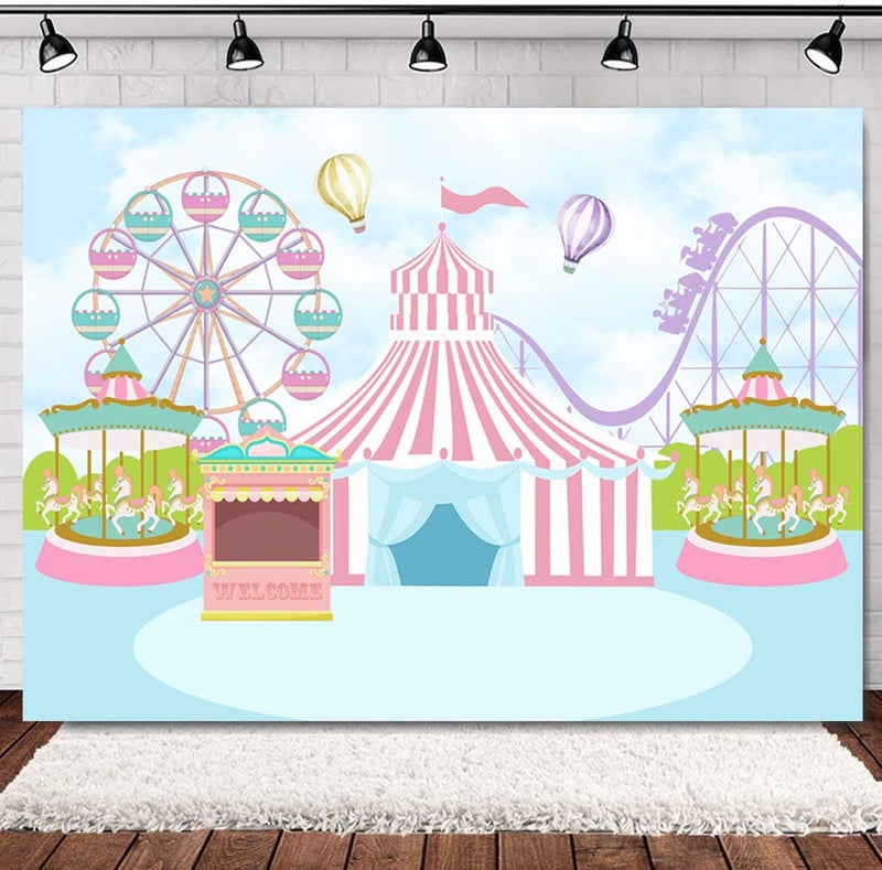 Sensfun Pink Circus Tent Birthday Backdrop Pastel Blue Carnival Carousel Photography Background Hot Air Balloon Princess Girl Newborn Baby Shower Decorations Photo Booth Banner 7x5ft - Image 5